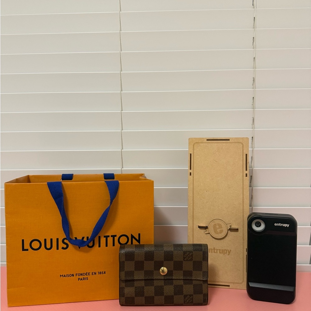Louis Vuitton Brown Checkered Wallet with Orange Bag